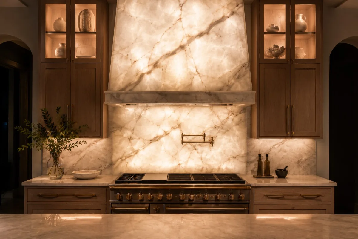 Cristallo Showcase — Backlit backsplash and wrapped vent hood in The Woodlands, TX