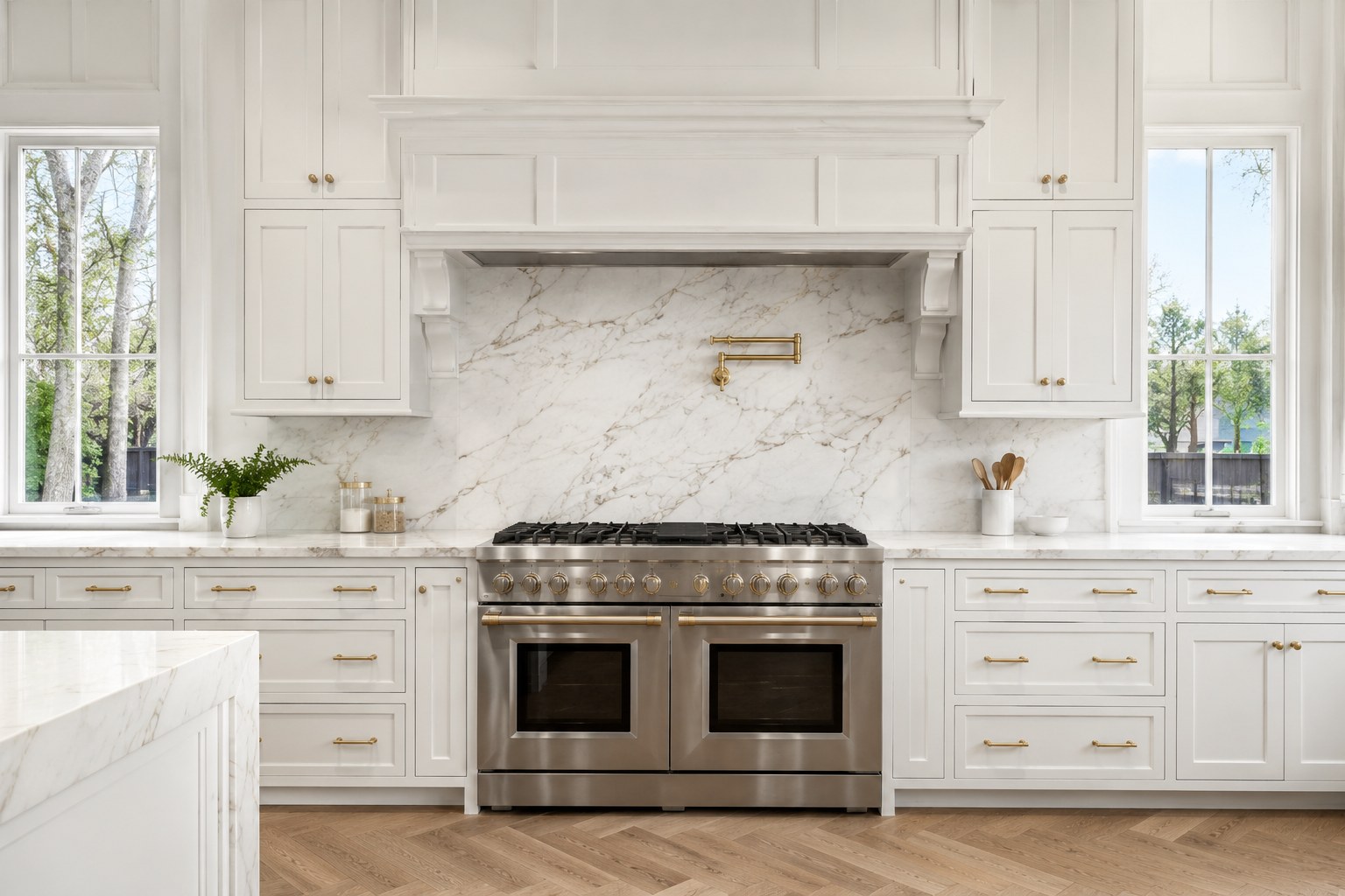 White Oak House — Calacatta marble kitchen in Tomball, TX